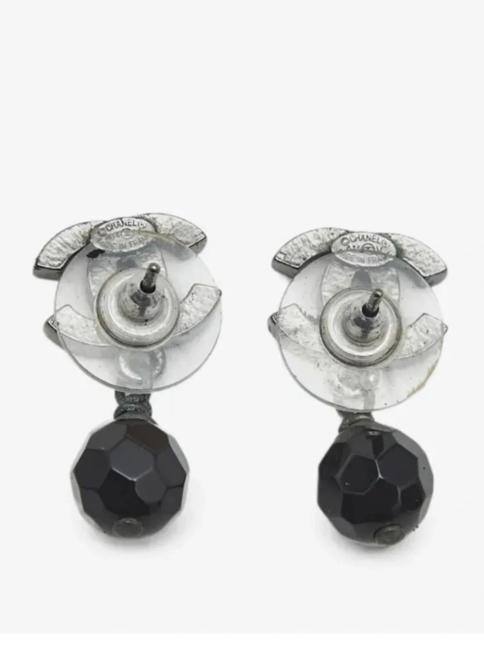 CHANEL AUTHENTIC Dark Gray and BLACK CC Drop Earrings with Faceted Beads